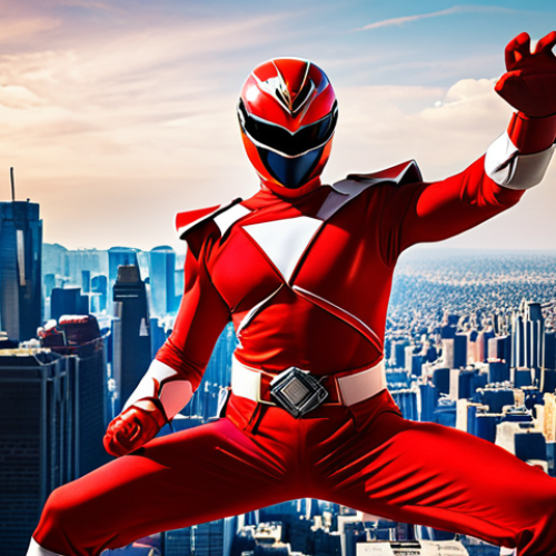 **

A dynamic shot of a Red Ranger, possibly Jason Lee Scott, in a martial arts stance. The background features a vibrant, stylized cityscape with elements referencing Power Rangers, such as Zords or energy effects. Capture a sense of leadership, power, and courage. Focus on bright, saturated colors with a slight comic book aesthetic.

**