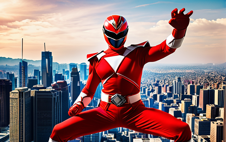 **

A dynamic shot of a Red Ranger, possibly Jason Lee Scott, in a martial arts stance. The background features a vibrant, stylized cityscape with elements referencing Power Rangers, such as Zords or energy effects. Capture a sense of leadership, power, and courage. Focus on bright, saturated colors with a slight comic book aesthetic.

**