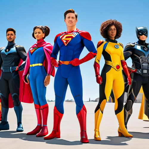 A diverse and inclusive team of individuals, fully clothed in professional, modest, and iconic superhero-inspired uniforms, standing confidently in a powerful and natural pose. Each uniform features distinct, vibrant colors (e.g., red, blue, yellow, black, pink) with full body coverage, appropriate attire, and professional dress. In the background, futuristic, stylized mechanical 'Zords' are subtly visible under a clear, open sky, suggesting scale and advanced technology. The scene is captured with perfect anatomy, correct proportions, well-formed hands, proper finger count, and natural body proportions, using high-quality cinematic photography with crisp details and dynamic lighting. safe for work, appropriate content, fully clothed, professional, family-friendly.