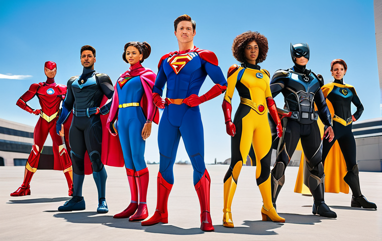 A diverse and inclusive team of individuals, fully clothed in professional, modest, and iconic superhero-inspired uniforms, standing confidently in a powerful and natural pose. Each uniform features distinct, vibrant colors (e.g., red, blue, yellow, black, pink) with full body coverage, appropriate attire, and professional dress. In the background, futuristic, stylized mechanical 'Zords' are subtly visible under a clear, open sky, suggesting scale and advanced technology. The scene is captured with perfect anatomy, correct proportions, well-formed hands, proper finger count, and natural body proportions, using high-quality cinematic photography with crisp details and dynamic lighting. safe for work, appropriate content, fully clothed, professional, family-friendly.